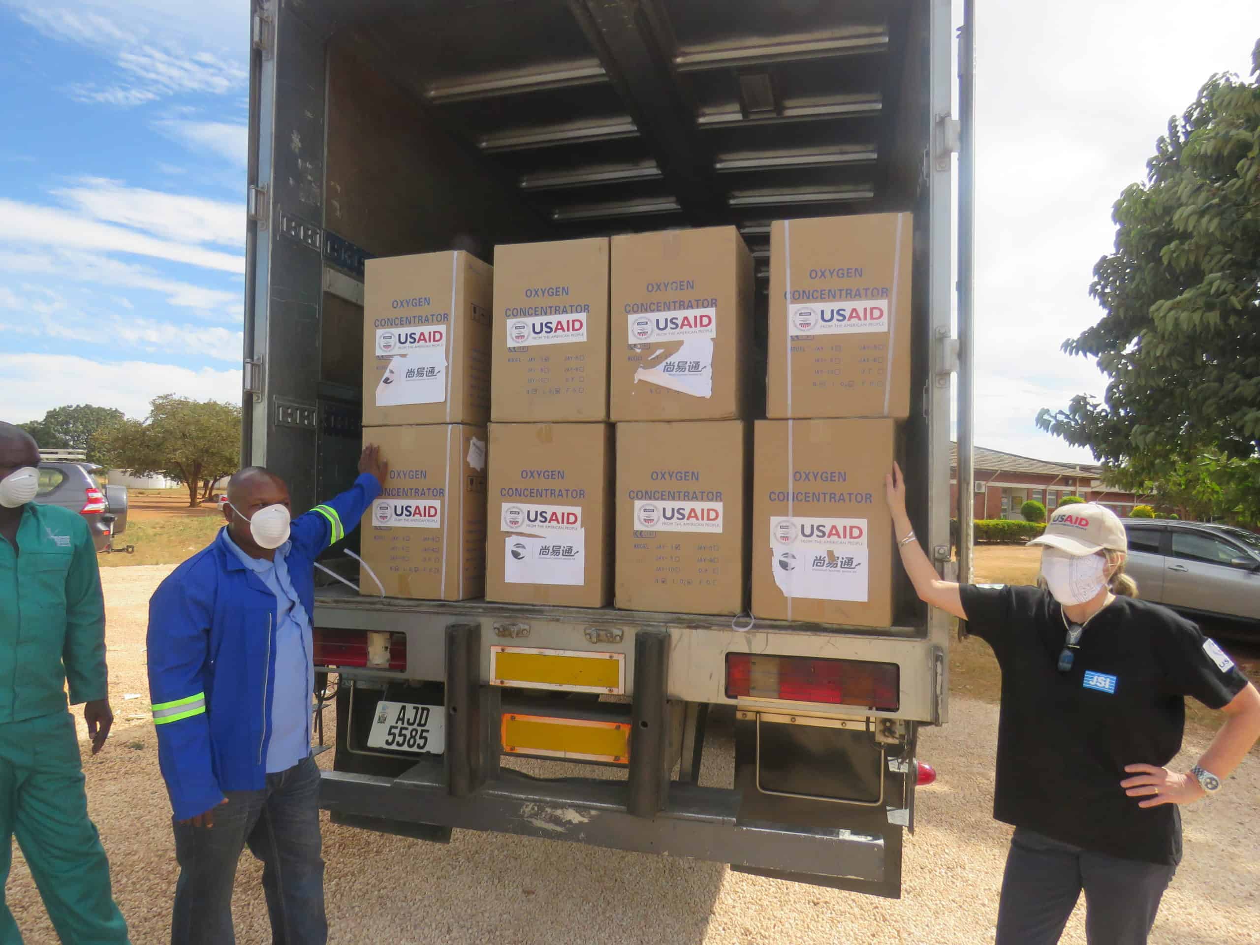 JSI staff load a truck full of essential items to support Zambia's COVID-19 response.