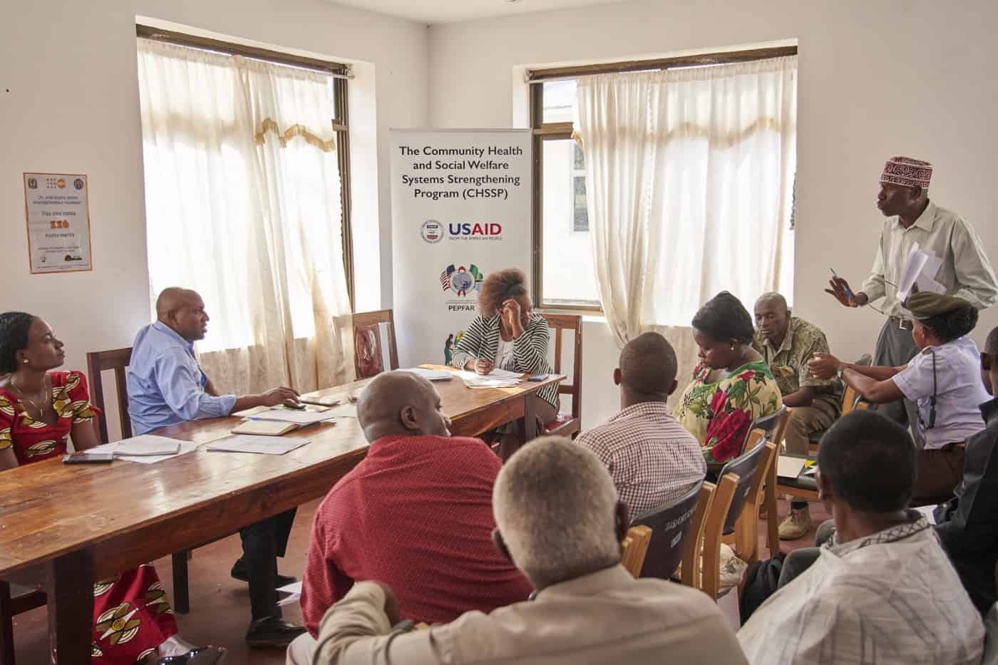 During a recent Violence Against Women and Children Committee meeting, a committee member discusses how to eliminate gender-based violence in the Chato District of the Geita region of Tanzania, which has a high prevalence of violence. / Erick Gibson for JSI Research & Training Institute, Inc.