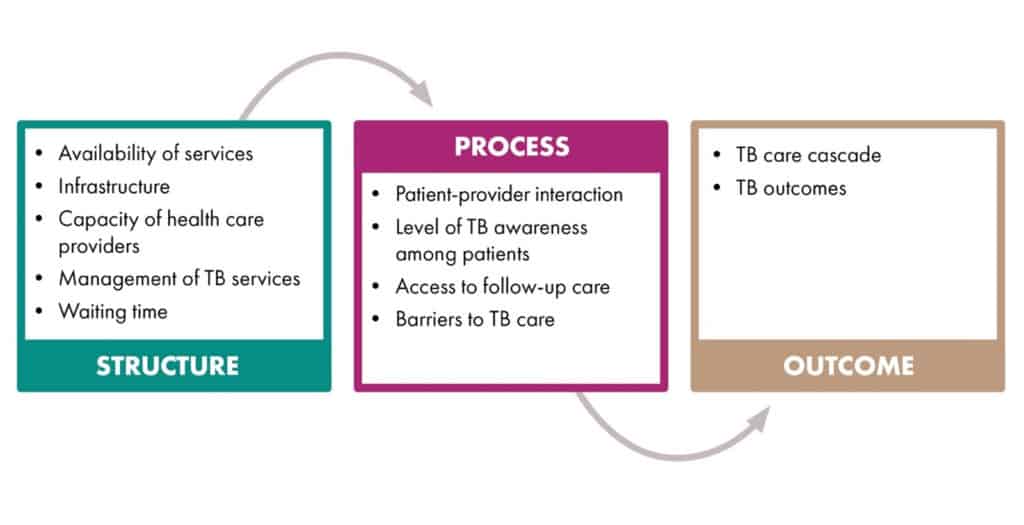 Graphic to breakdown the the QTSAs assess three domains of quality of care: the structure of the health facility; the service delivery process; and the outcomes of service delivery.