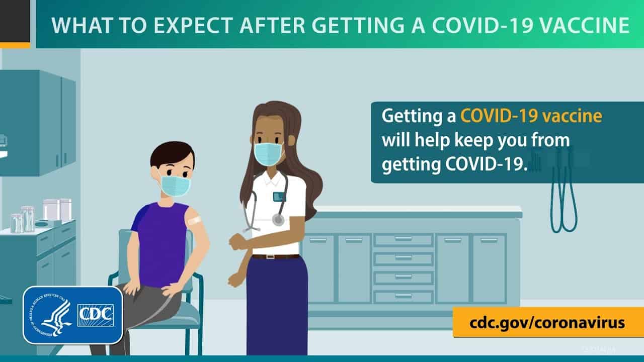 An image from the CDC that shows a health worker administering a vaccine to a patient. Text reads" What to expect after getting a COVID-19 vaccine."