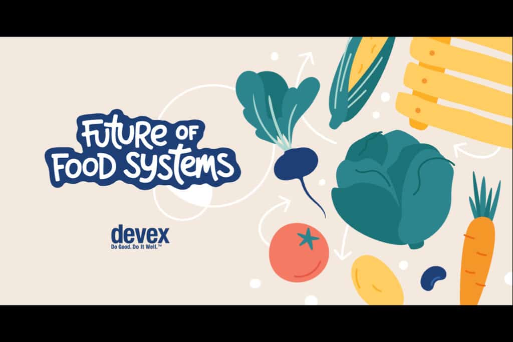 Devex future of food systems banner depicts various foods