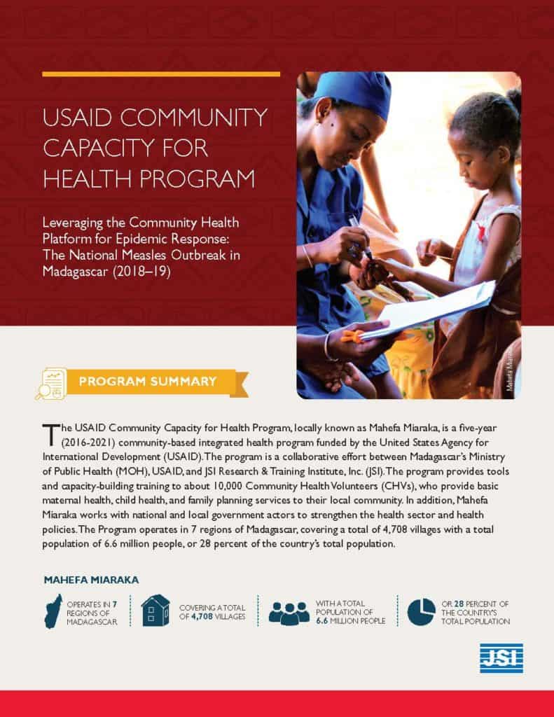 Leveraging the Community Health Platform for Epidemic Response – The National Measles Outbreak, 2018–2019 cover image