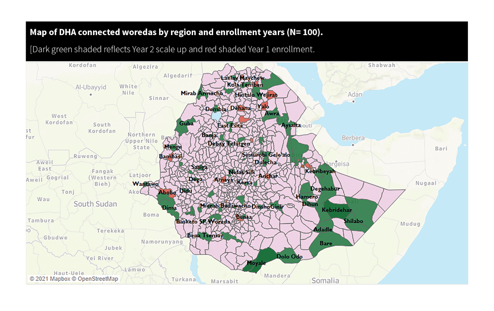 Map of DHA connected Woredas by region and enrollment year