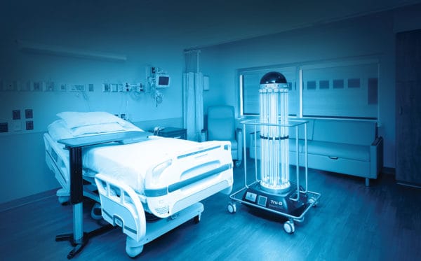 The Tru-D SmartUVC robot disinfecting a patient room. Courtesy photo.