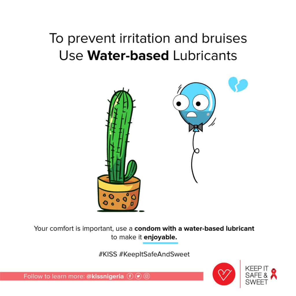 KISS campaign image that reads "To prevent irritation and bruises, use water-based lubricants"