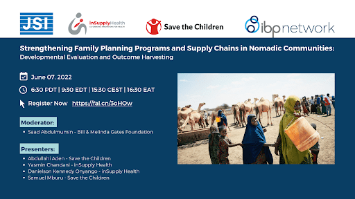 Webinar graphic for Strengthening Family Planning Programs and Supply Chains in Nomadic Communities: Developmental Evaluation and Outcome Harvesting