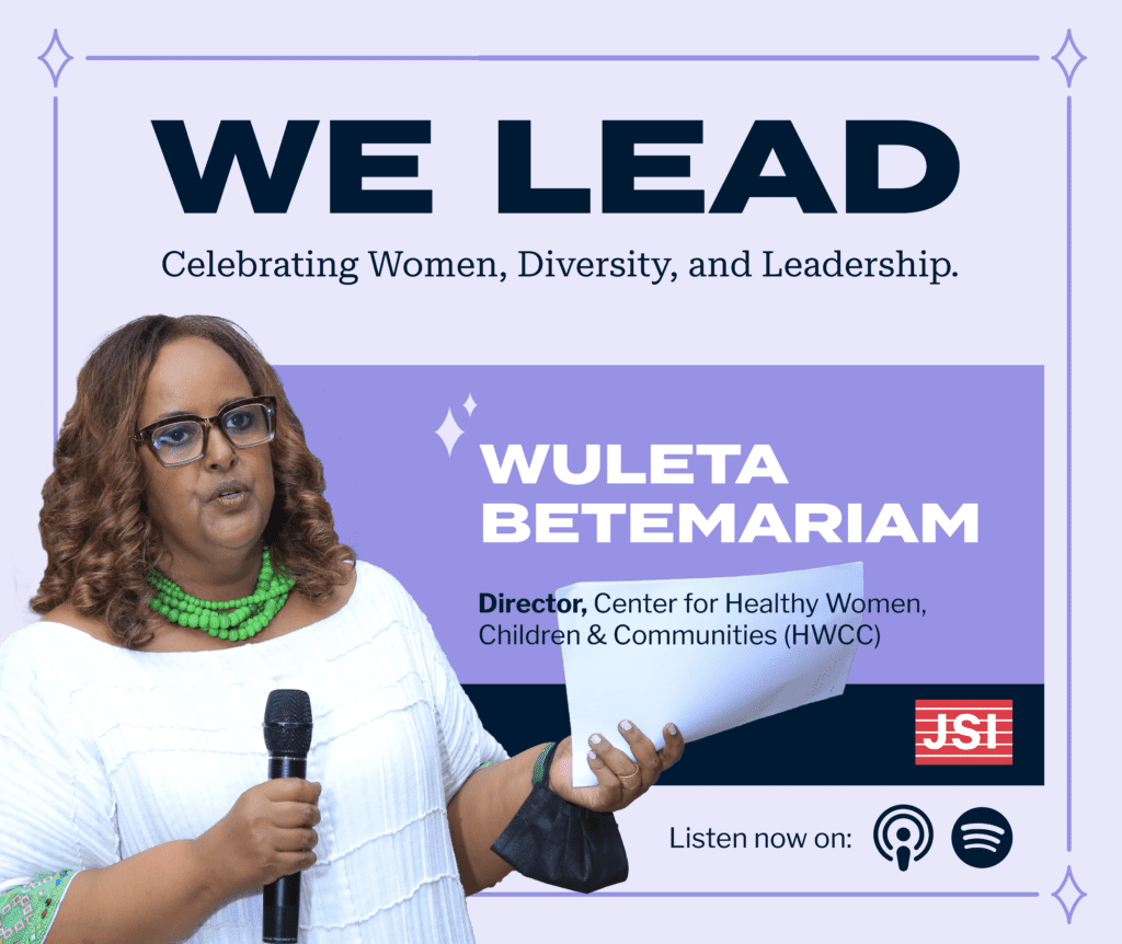 We Lead Podcast graphic for Wuleta Betemariam's podcast episode. The graphic features the podcast name at the top with "Celebrating women, diversity, and leadership" and features a photo of Wuleta wearing a white blouse and holding a microphone talking to a crowd.