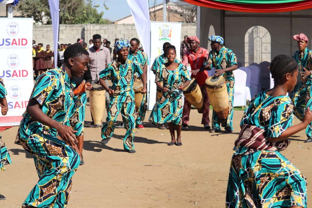 Let's dance! A local group of musicians and dancers perform at the Lusaka COVID-19 Vaccination Launch, Chawama