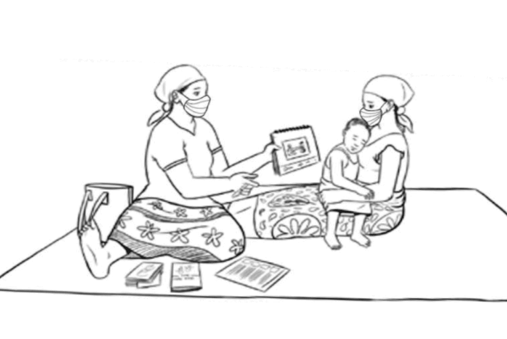 A cartoon of a woman holding a baby while another woman shows her some printed materials.