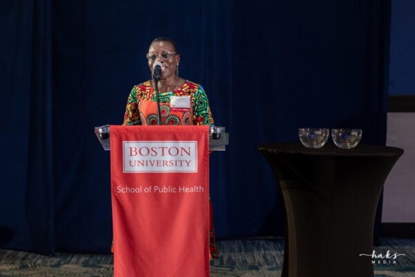 Kate Onyejekwe accepts the BUSPH 2023 Distinguished Alumni Award at a ceremony in Atlanta, GA.