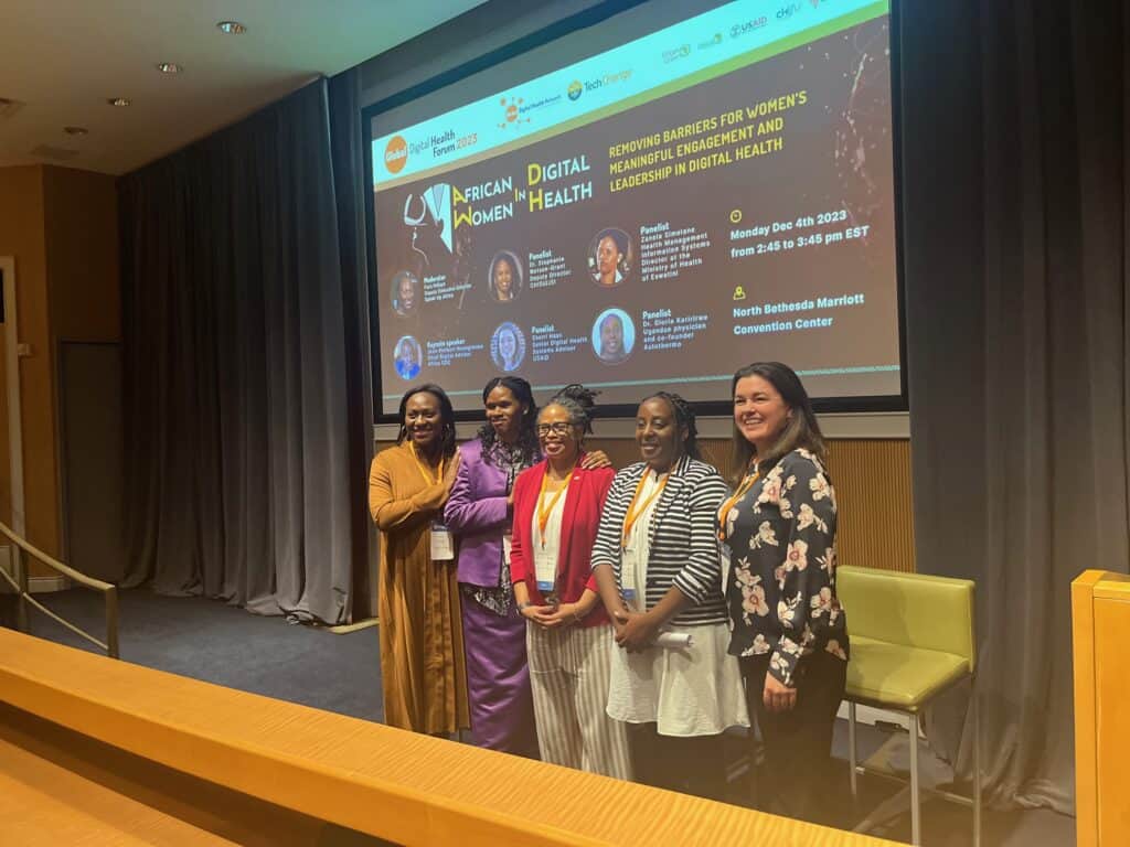 Panelists, Gloria Karirirwe, Stephanie watson Grant, Sheri Haas, Fara Ndiaye, Zanela Simelane, on African Women in Digital Health: Removing barriers for women’s meaningful engagement and leadership in digital health