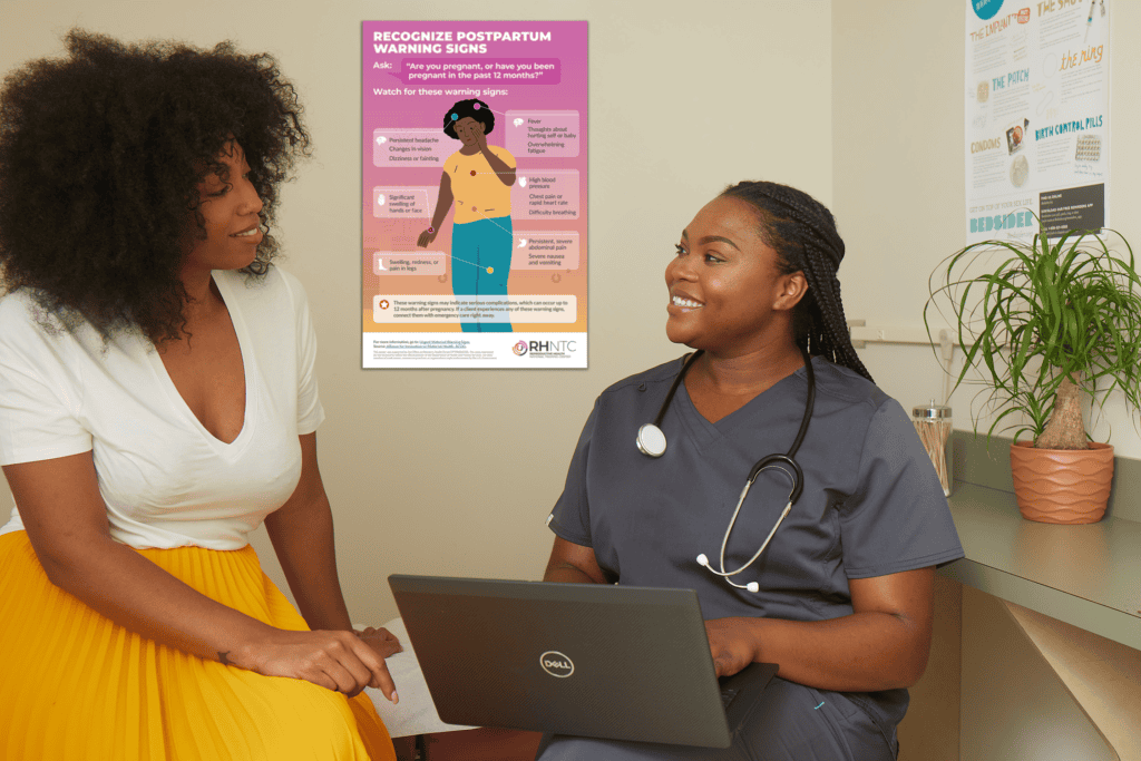 A Black woman speaks to a nurse at a health clinic.